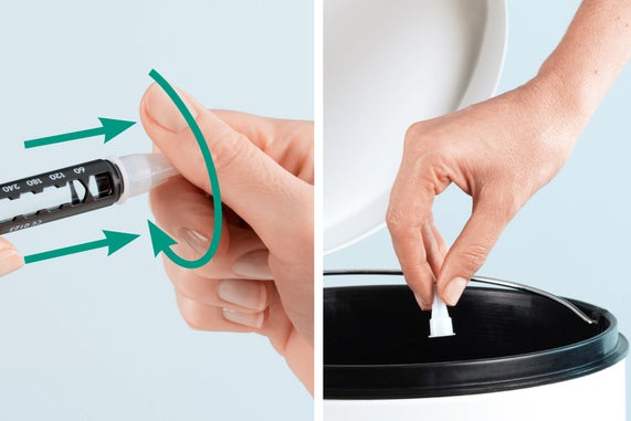 Needle handling - put the needle container back on the needle